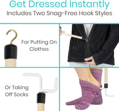 Dressing Stick for Elderly (27”) - with Zipper Puller & Sock Remover Tool - Aid for Pants - Accessories for Daily Living, Assistant Device No Bending for Seniors - after Shoulder Surgery Helper