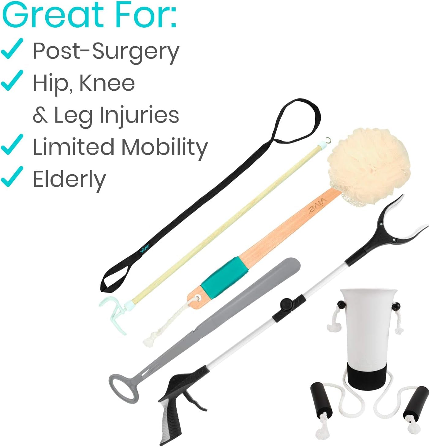 Hip and Knee Replacement Kit (6 Pcs) - after Surgery Recovery Set for Seniors - Handicap Aid, Leg Loop Lifter, Reacher Grabber, Long Handle Shoe Horn, Shower Loofah, Sock Assist, Dressing Stick