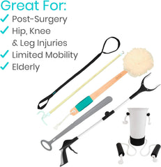 Hip and Knee Replacement Kit (6 Pcs) - after Surgery Recovery Set for Seniors - Handicap Aid, Leg Loop Lifter, Reacher Grabber, Long Handle Shoe Horn, Shower Loofah, Sock Assist, Dressing Stick