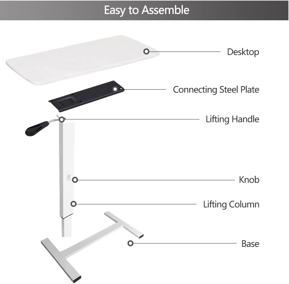 Overbed Table,Hospital Bed Table,Pneumatic Bed Tables Adjustable over the Bed with Hidden Wheels&Usb,Mobile Laptop Cart&Rolling Bedside Table with Tray Hospital Home Use (White1)