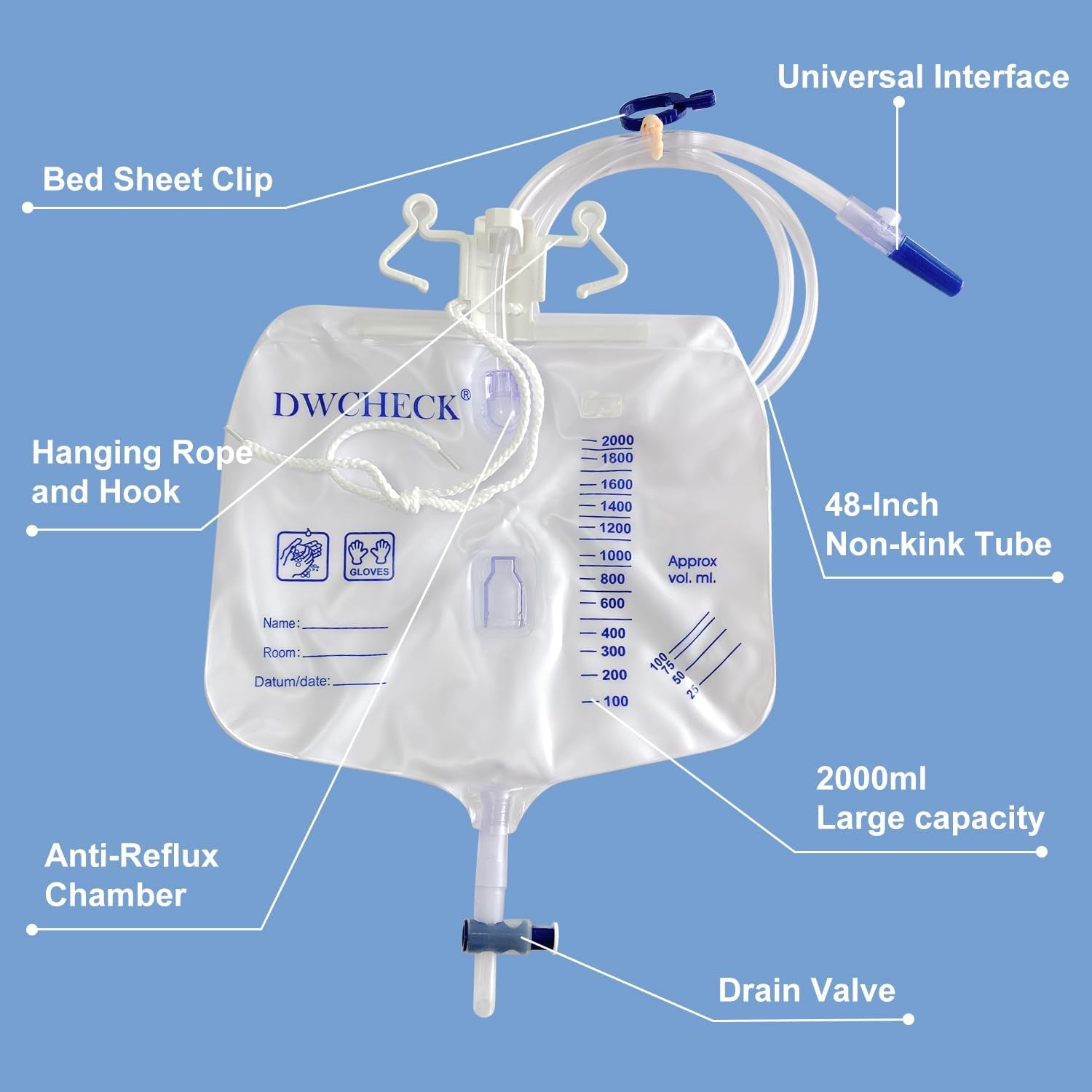 5 Pack 2000Ml Urinary Drainage Bags with 48" Tube