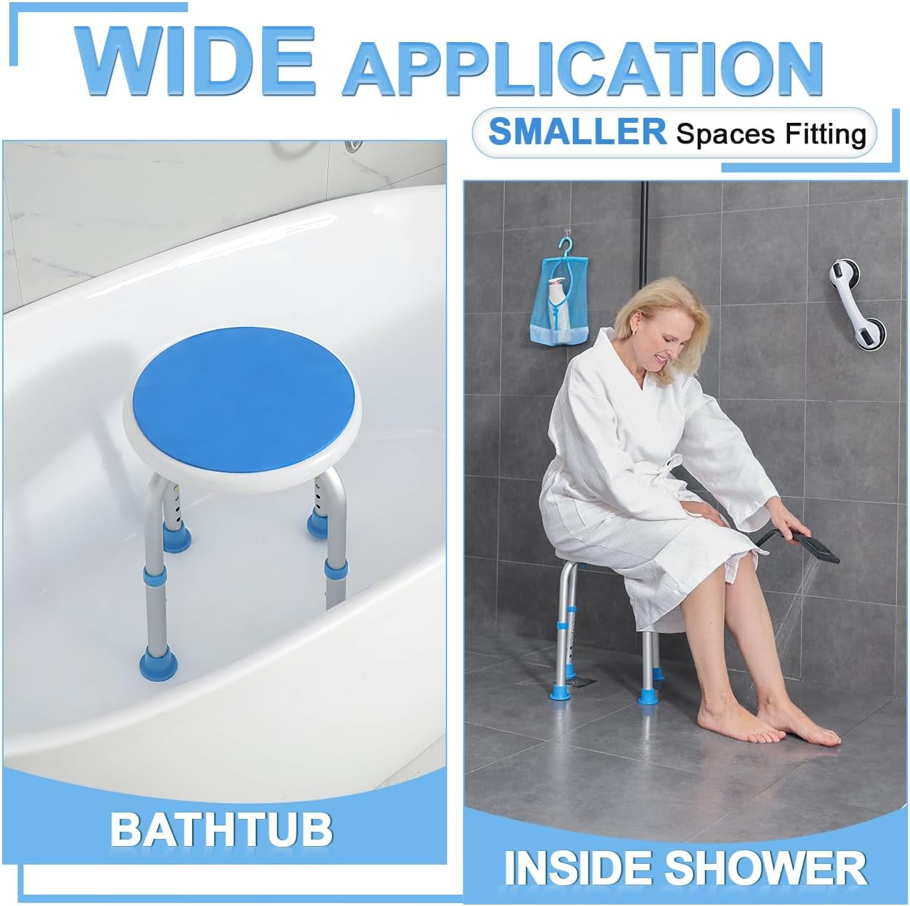 Adjustable Shower Chair for inside Shower, HSA/FSA Eligible round Shower Stool for inside Bathtub with Assist Grab Bar/Toiletry Bag, Tool-Free Shower Seat for Elderly/Senior/Disabled/Pregnant