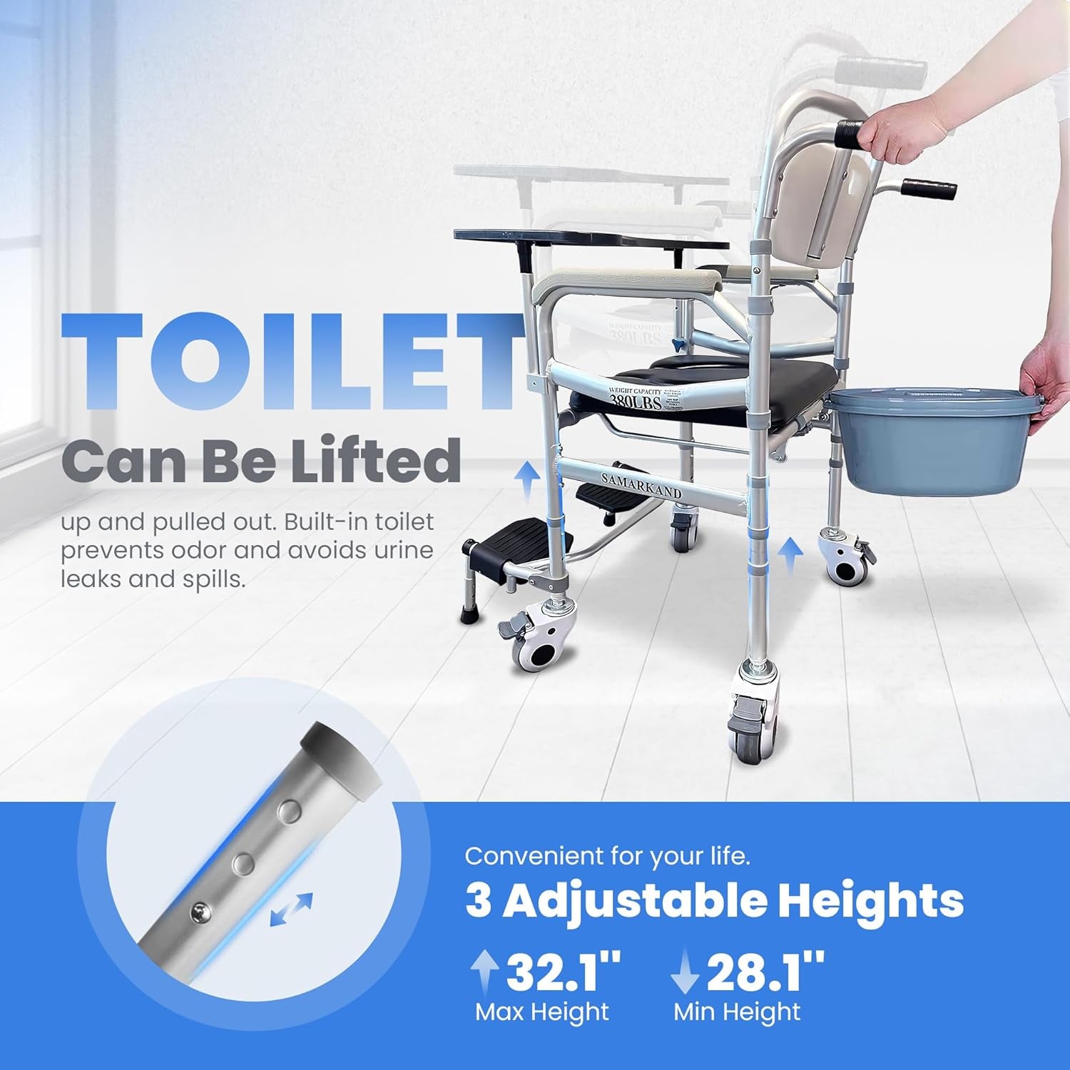 Shower Chair with Wheels & Tray - 3-In-1 Commode