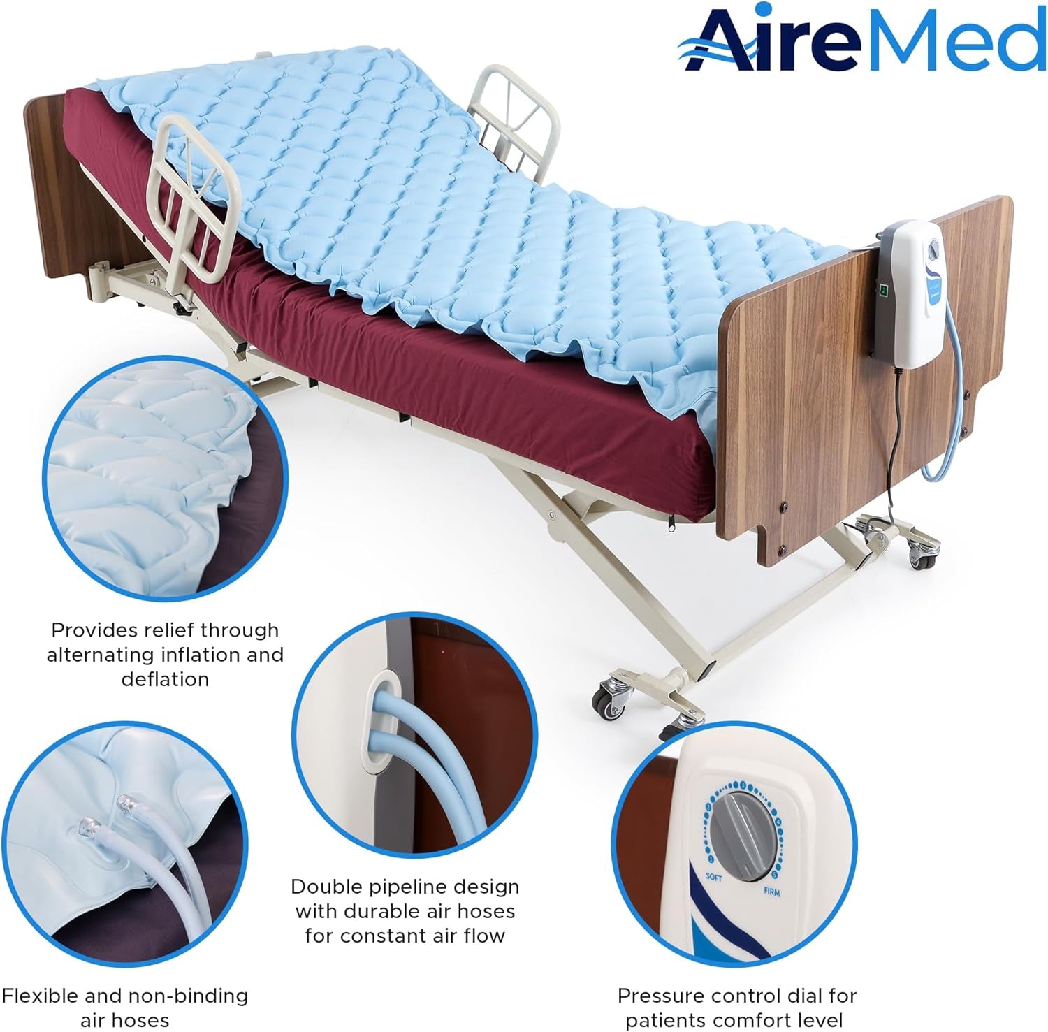 Alternating Air Pressure System with (2) Mattress Pads - Air Mattress Topper for Hospital & Home Beds - Ultra Quiet Electric Pump System - Air Mattress for Hospital Beds - Bed Sore Relief