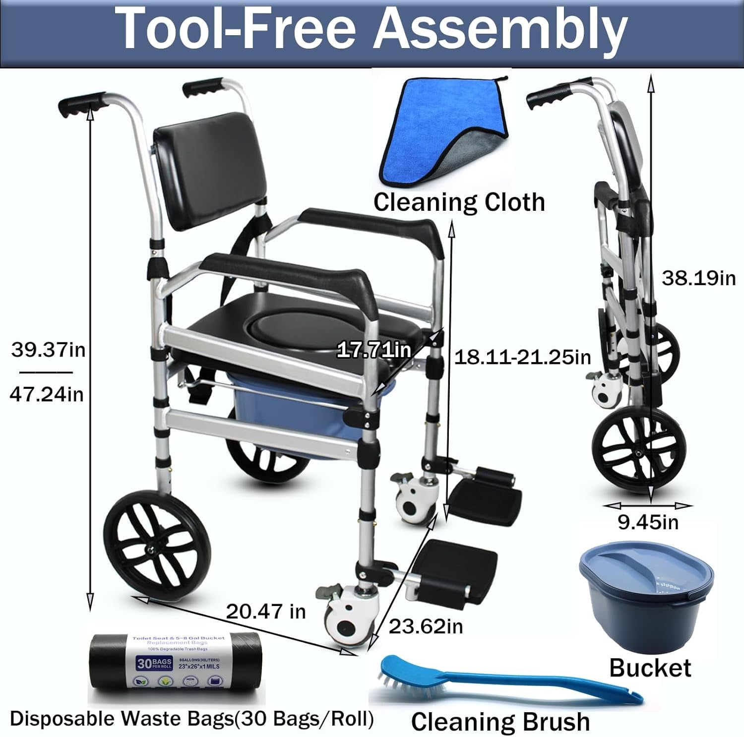 Folding Commode with Wheels - Padded Shower Chair