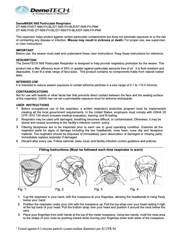 DEMETECH NIOSH N95 Respirator Face Mask, Fold-Style, Pack of 20