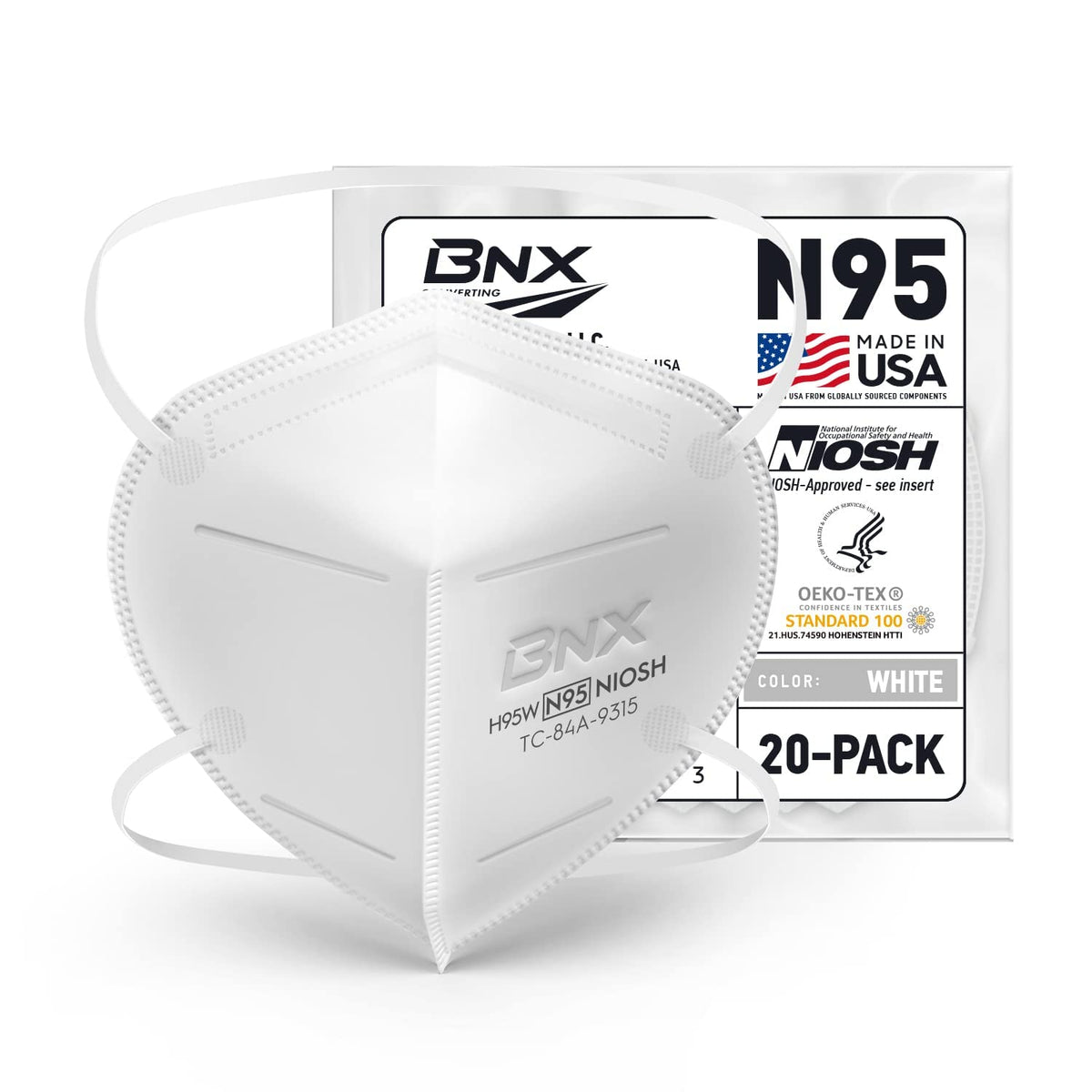 BNX N95 Mask NIOSH Certified MADE IN USA Particulate Respirator Protective Face Mask (20-Pack, Approval Number TC-84A-9315 / Model H95W) White