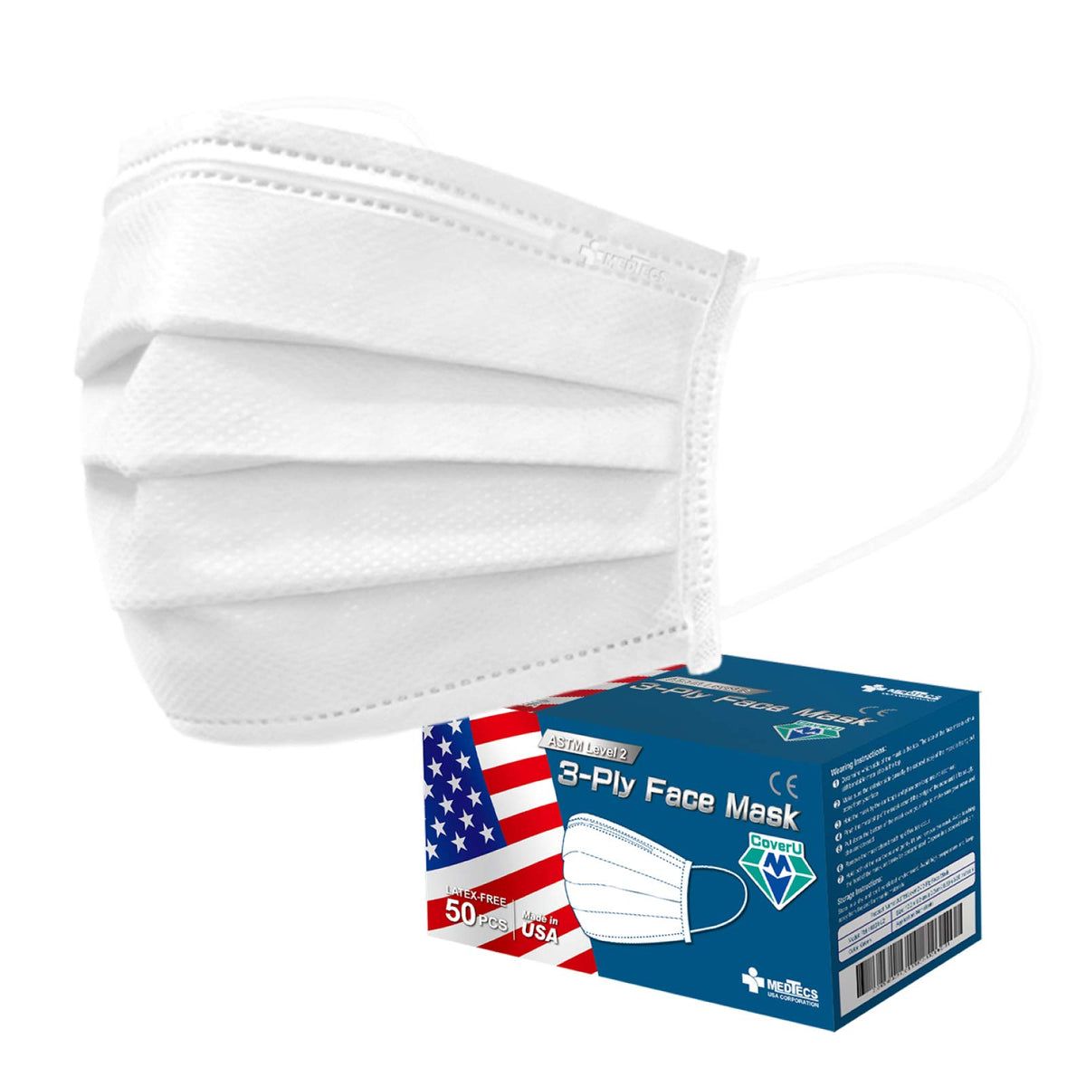 Medtecs Face Mask Disposable - 50/2000 PCS - Comfortable 3 Layer Breathable Mask, The Better Protection and Health Choice - CoverU ASTM Level 1 Adult Mask - 50 PCS - White (USA)