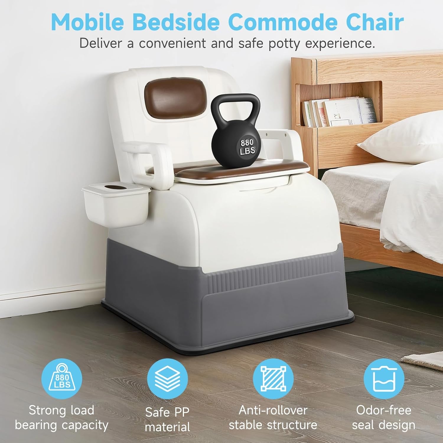 Mobile Bedside Commode Chair - Detachable Armrests & Inner Bucket