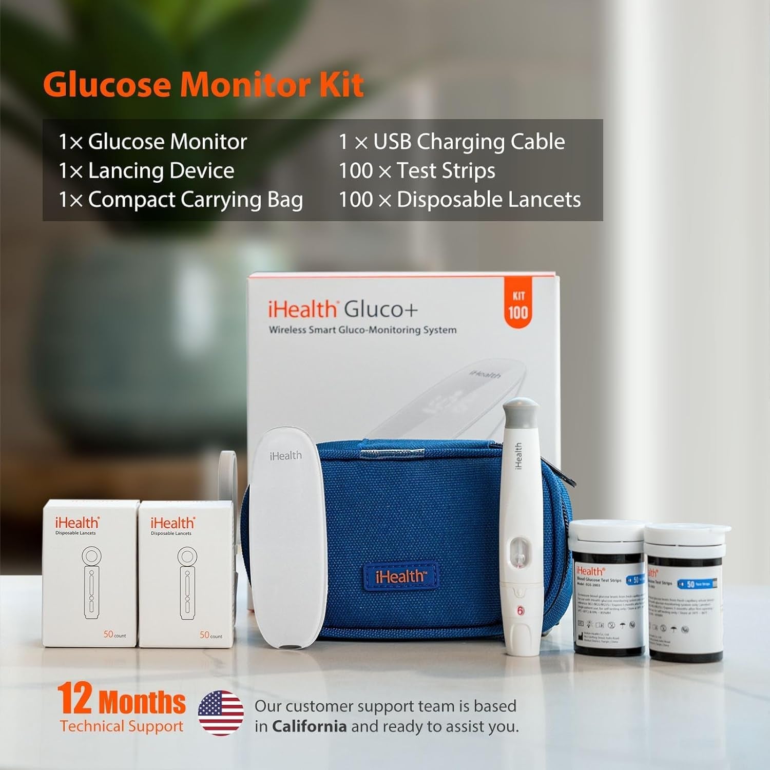 6.  Gluco+ Smart Glucose Monitor Kit - 100 Strips & Lancets