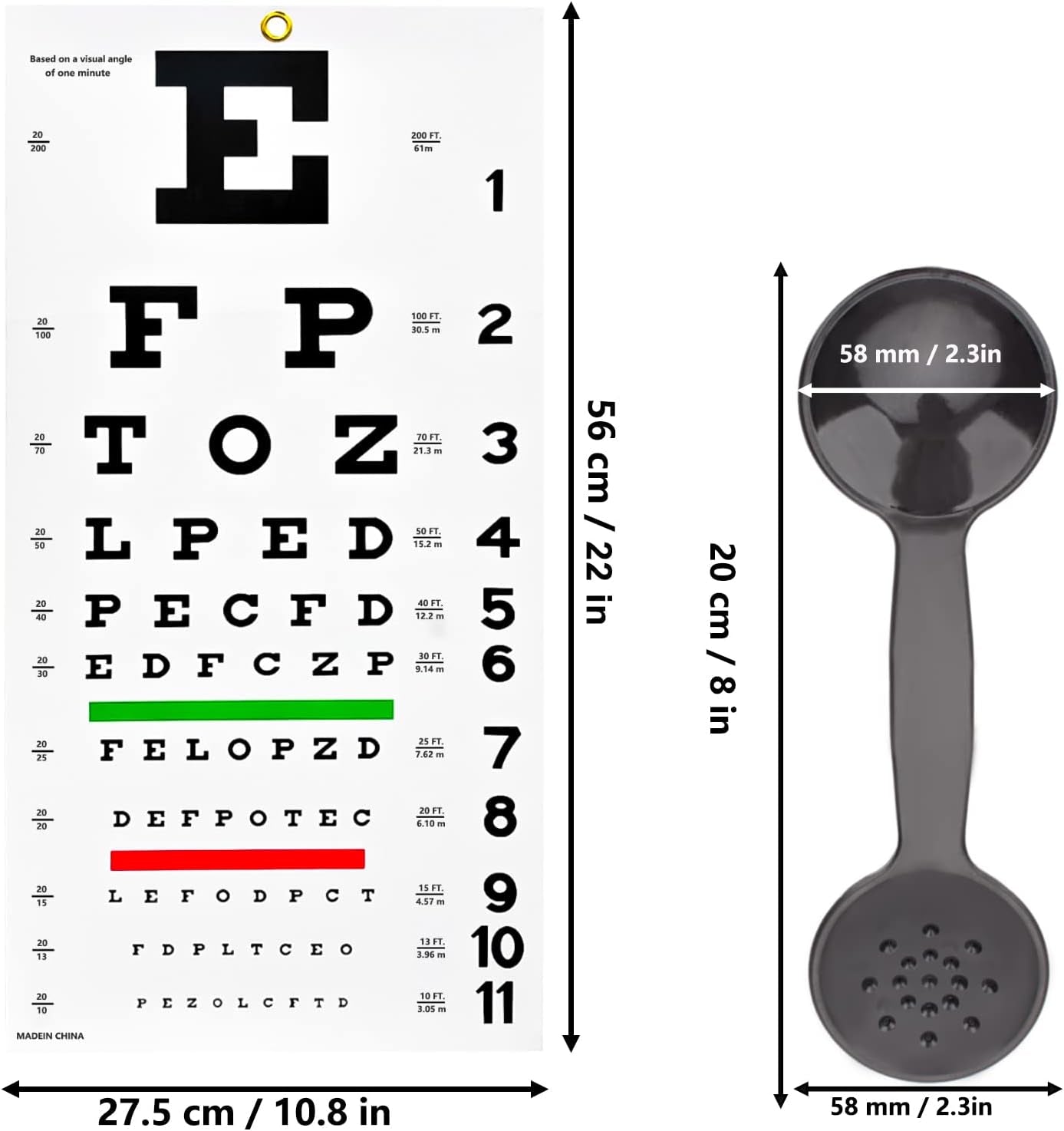 Complete Snellen Eye Exam Kit Standard 20 Feet Snellen Eye Chart 22X11 Inch with 2 Pack Dual-Use Eye Occluders