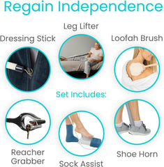 Hip and Knee Replacement Kit (6 Pcs) - after Surgery Recovery Set for Seniors - Handicap Aid, Leg Loop Lifter, Reacher Grabber, Long Handle Shoe Horn, Shower Loofah, Sock Assist, Dressing Stick