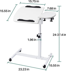 Overbed Bedside Table with Wheels, Adjustable Overbed Table with Tilting Desktops, Rolling Laptop Table, Overbed Desk, Hospital Bed Table, Mobile Standing Desk for Laptop Bed Sofa Side Table (White)