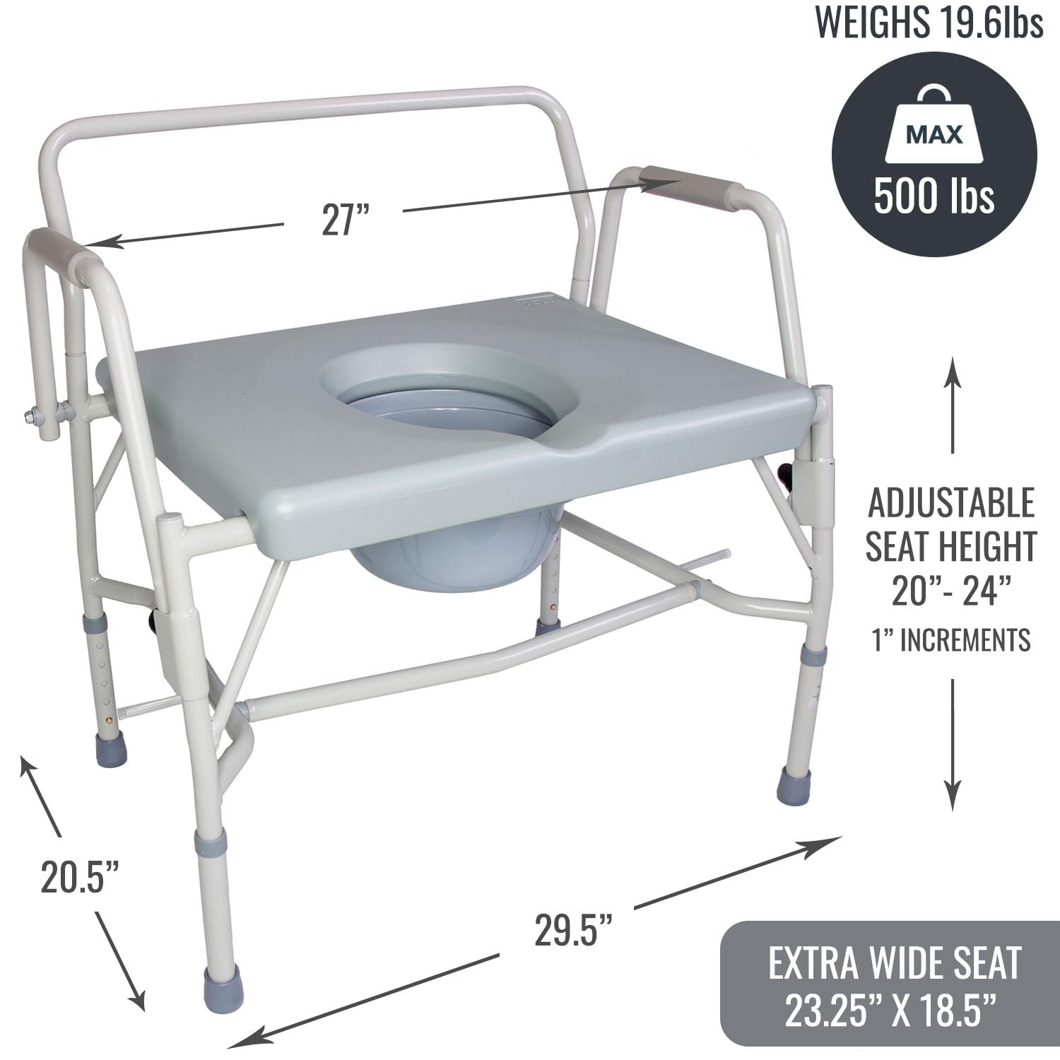 Drop Arm Commode - 500 Lb Capacity, Adjustable Legs