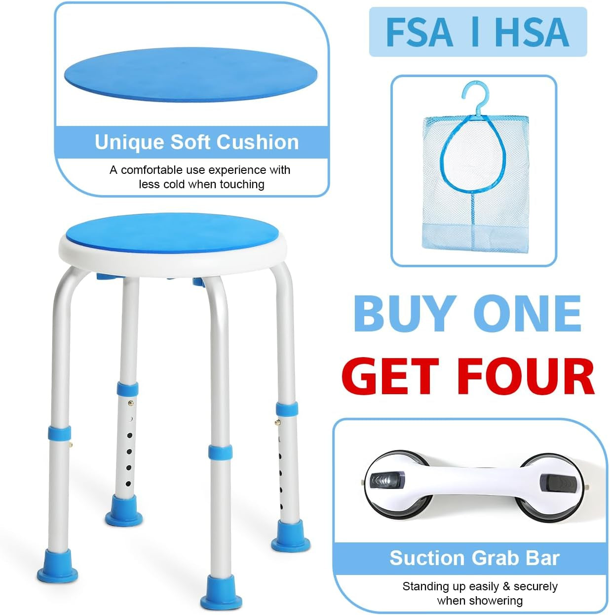 Adjustable Shower Chair for inside Shower, HSA/FSA Eligible round Shower Stool for inside Bathtub with Assist Grab Bar/Toiletry Bag, Tool-Free Shower Seat for Elderly/Senior/Disabled/Pregnant