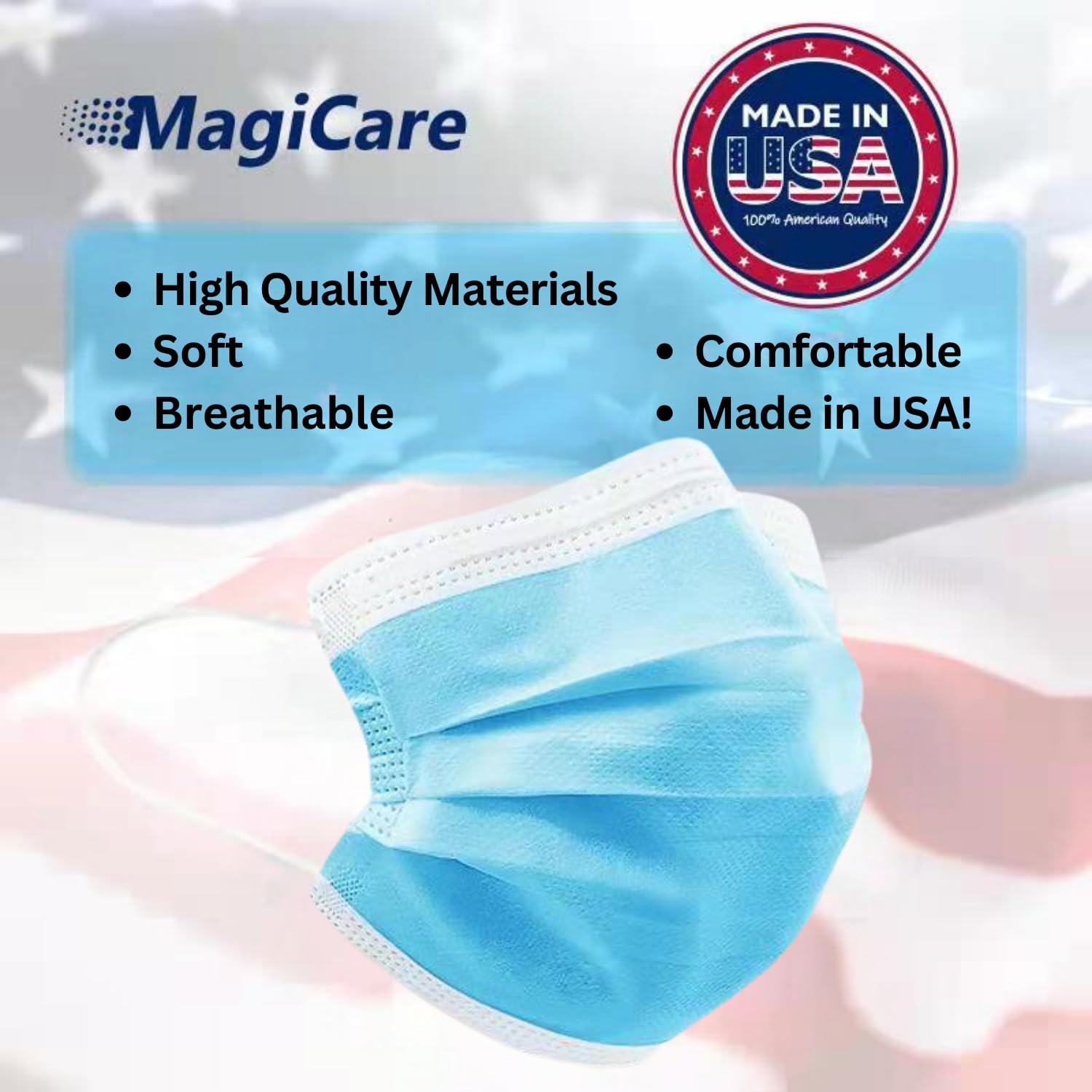 MagiCare Made in USA Masks - Blue Disposable Face Masks - Medical Grade (ASTM Level 1) - Premium 3 Ply Face Masks Disposable - Comfortable, Soft, Breathable Face Mask for Adults - 50ct Box