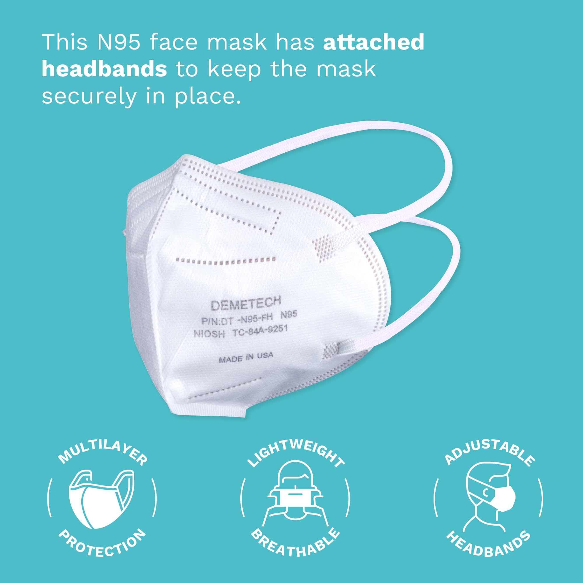 DEMETECH NIOSH N95 Respirator Face Mask, Fold-Style, Pack of 20