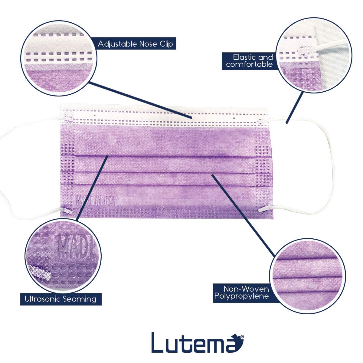 Lutema ASTM Level 3 Disposable 4-Ply Face Mask - Made in USA - Certified by Eurofins and Nelson Labs | 4 Layer Masks with Filtration Efficiency >=98% - Flamingo Pink (50 PCS)