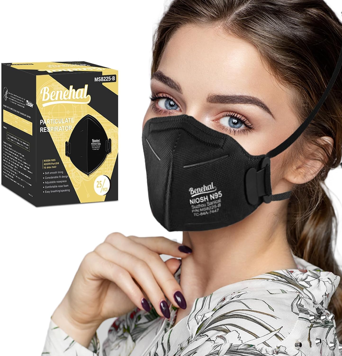 Benehal NIOSH Approved N95 Face Masks Particulate Respirators, Pack of 25 N95 Masks, Individually Wrapped, Black