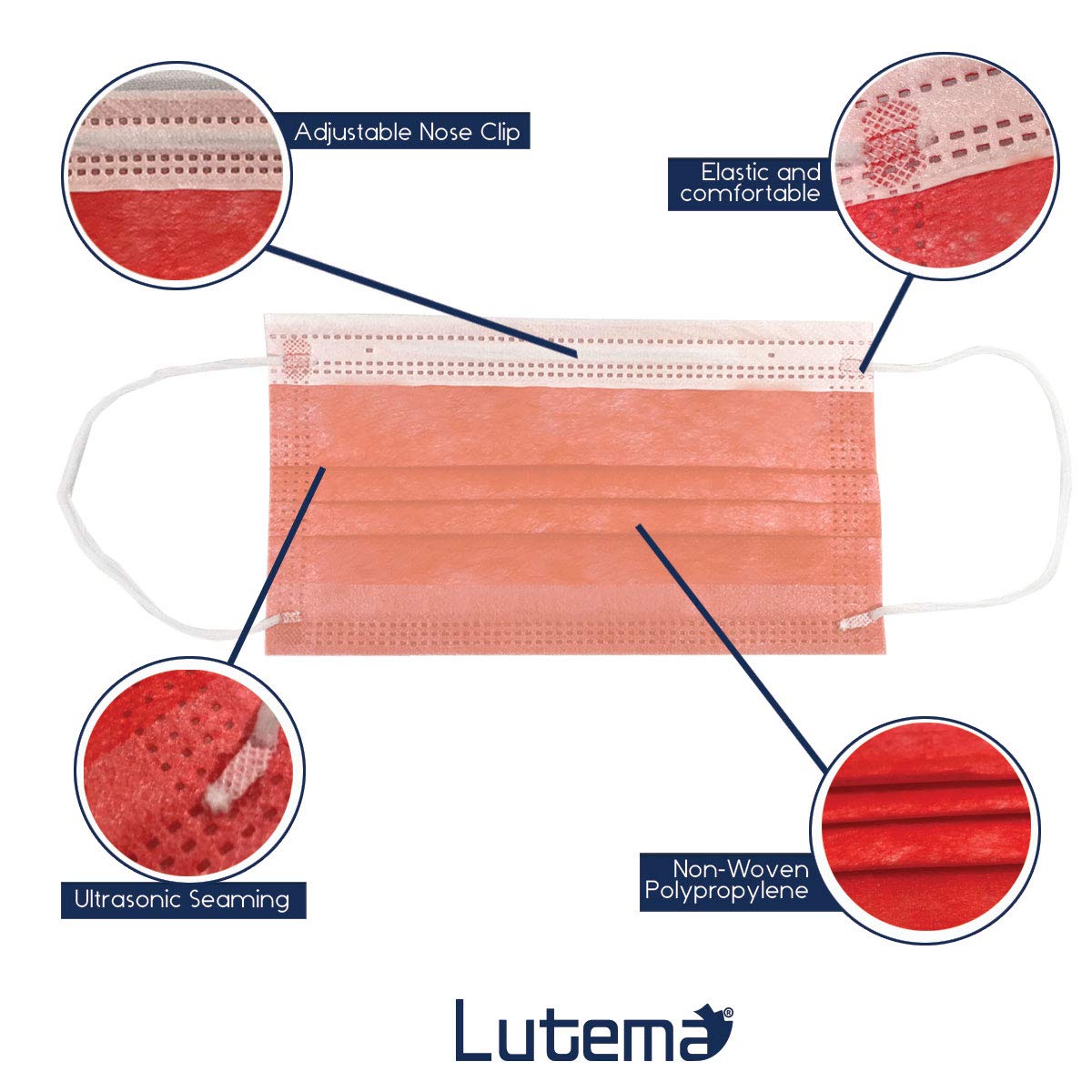 Lutema ASTM Level 3 Disposable 4-Ply Face Mask - Made in USA - Certified by Eurofins and Nelson Labs | 4 Layer Masks with Filtration Efficiency >=98% - Flamingo Pink (50 PCS)