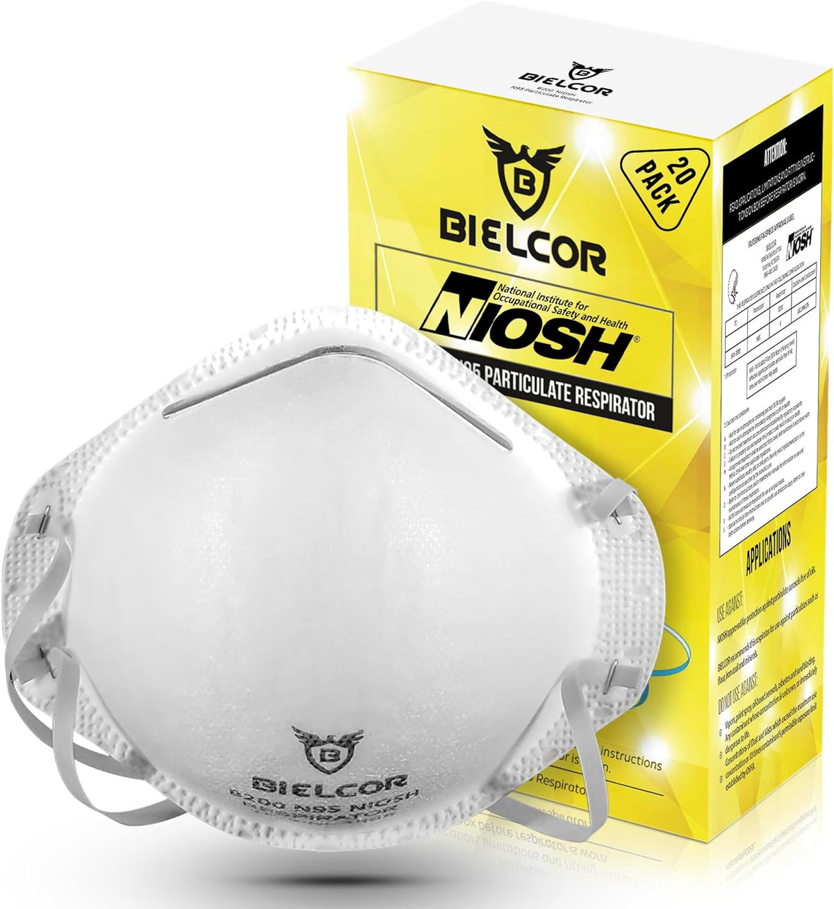 BIELCOR B200 N95 Particulate Respirator, 95% Filtration Breathing Face Masks Disposable (20 Pack), CDC | NIOSH Certified