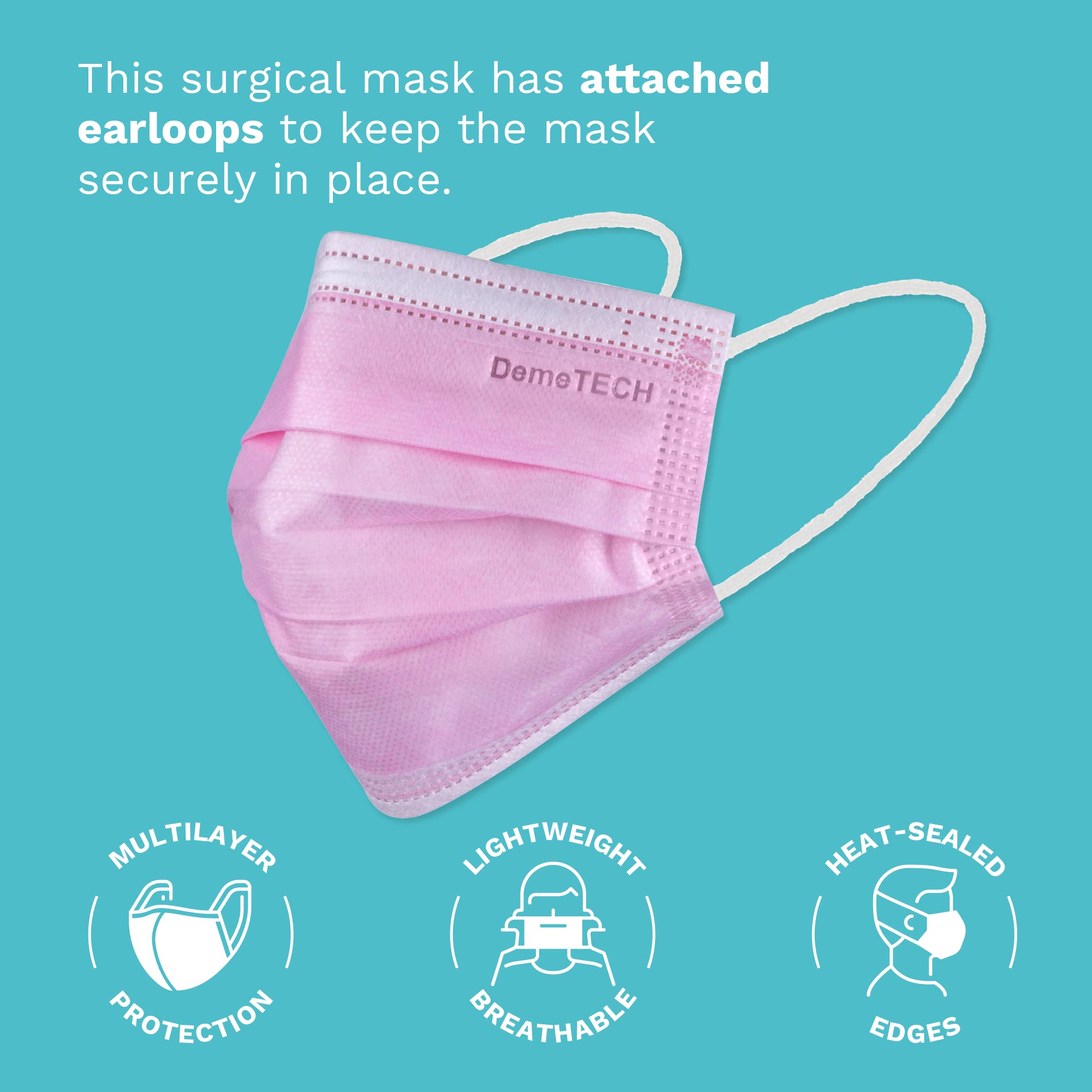 DEMETECH ASTM Level 3 Protective 3-Layer Face Mask, Ear-Loop Style, Small Face Mask, 50 Pieces