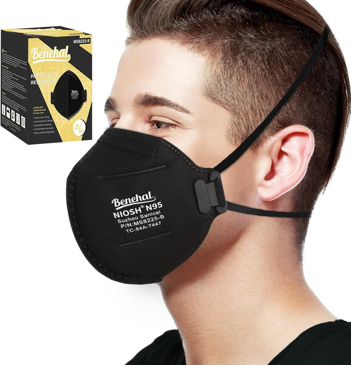 Benehal NIOSH Approved N95 Face Masks Particulate Respirators, Pack of 25 N95 Masks, Individually Wrapped, Black