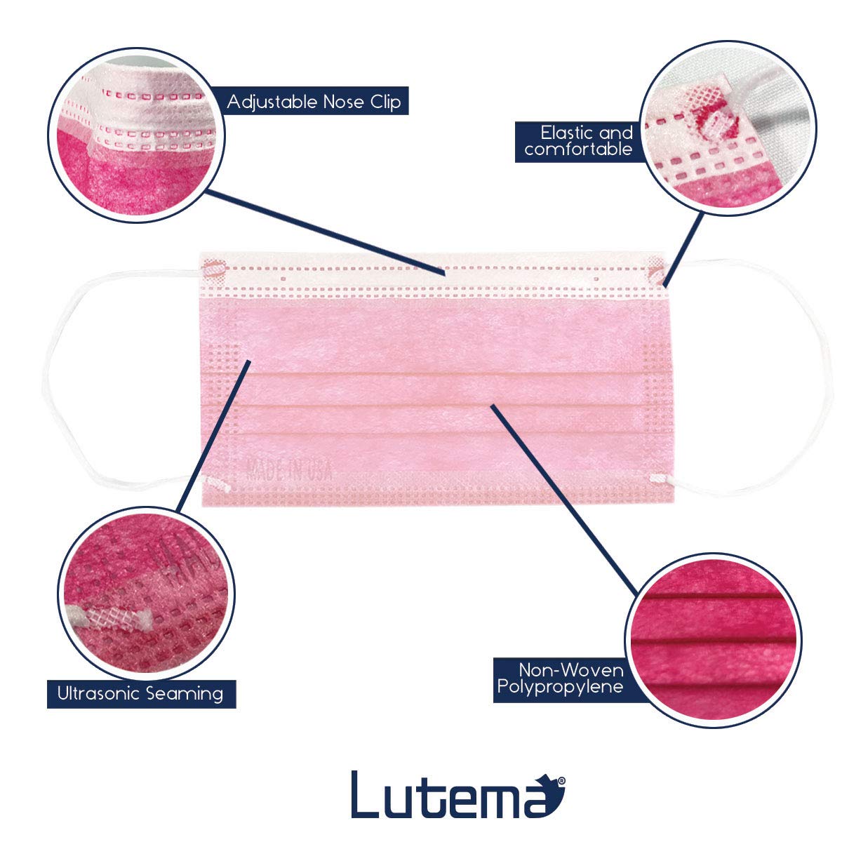 Lutema ASTM Level 3 Disposable 4-Ply Face Mask - Made in USA - Certified by Eurofins and Nelson Labs | 4 Layer Masks with Filtration Efficiency >=98% - Flamingo Pink (50 PCS)