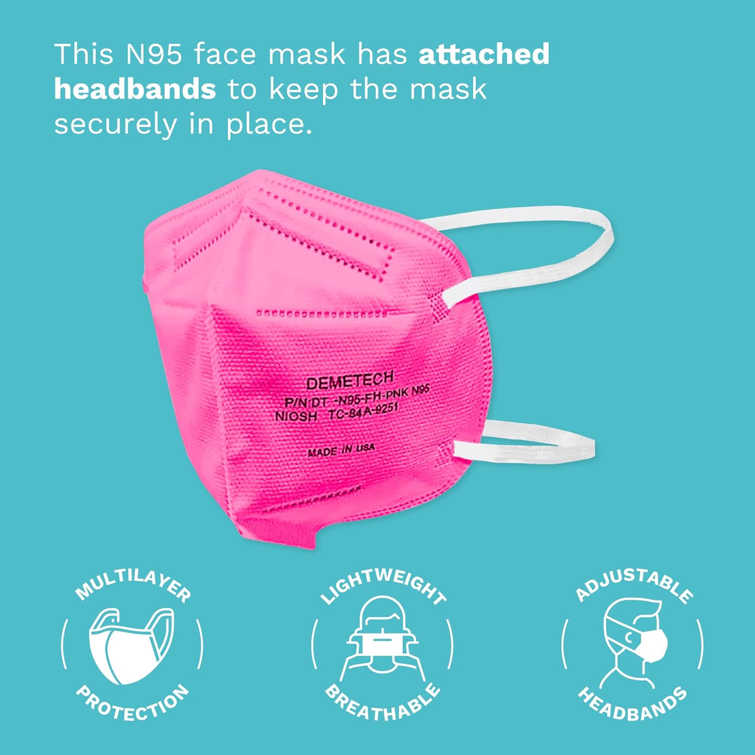 N95 Respirator Face Mask, NIOSH Approved, Made in the USA, DemeTECH, Pack of 20, Pink