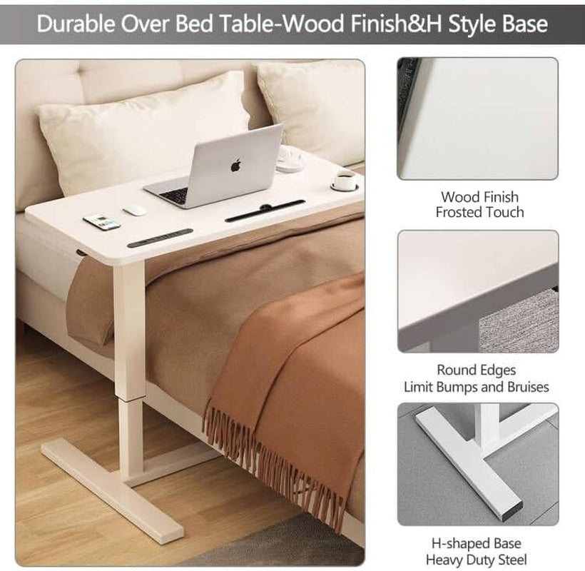 Overbed Table,Hospital Bed Table,Pneumatic Bed Tables Adjustable over the Bed with Hidden Wheels&Usb,Mobile Laptop Cart&Rolling Bedside Table with Tray Hospital Home Use (White1)