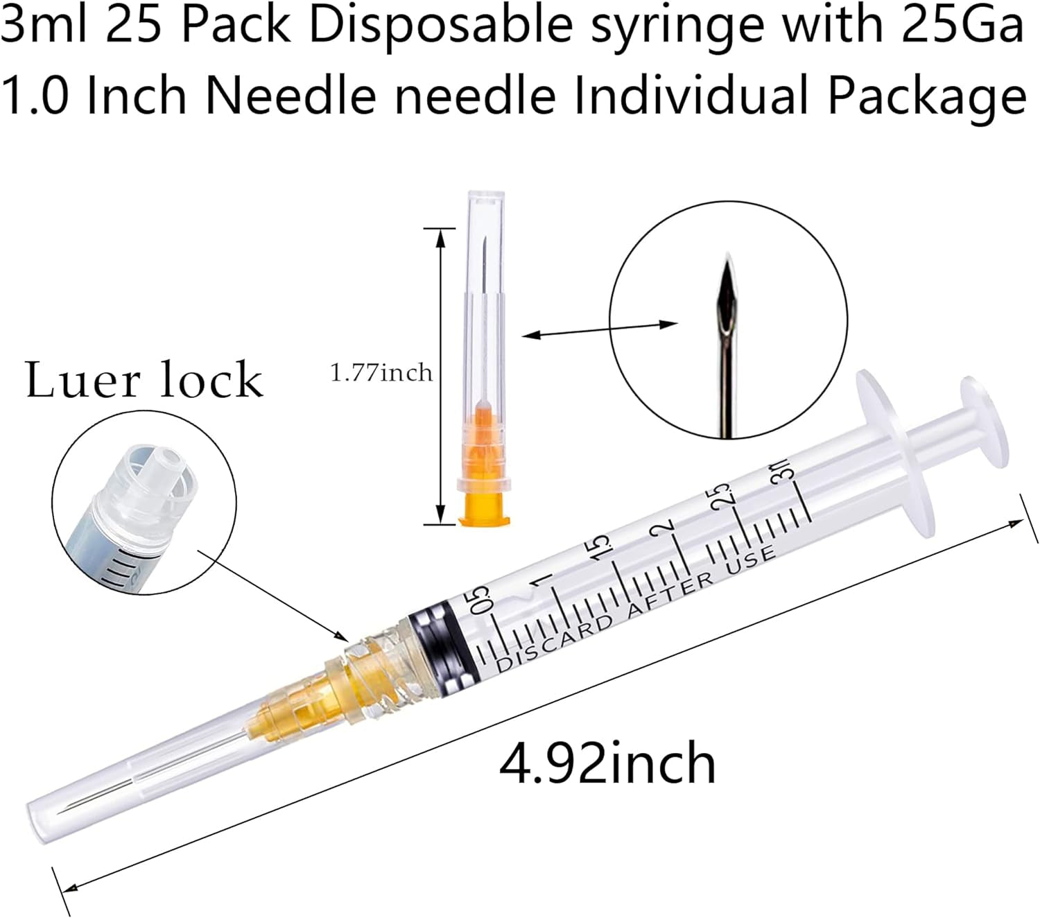 3Ml/Cc Luer Lock with 25Ga 1Inch Lab Tool Individual Wrapped Pack of 25