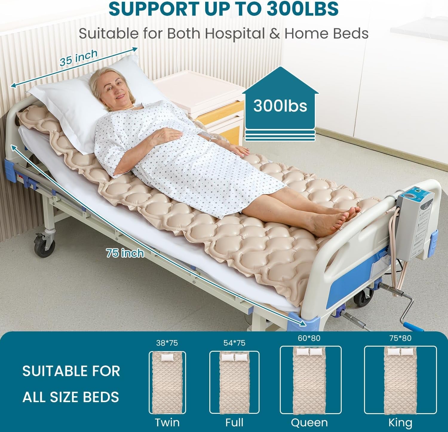 Alternating Air Pressure Mattress, Bed Sore Prevention, with Whisper Quiet Pump & 42 Inch Long Leg Lifter Strap after Hip Replacement