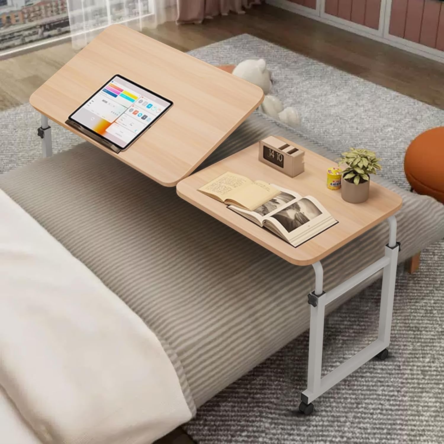 Adjustable Height Overbed Table with Wheels-Versatile over the Bed Desk for Eating, Working or Reading,Mobile Computer Table and Bed Table,Wood Color