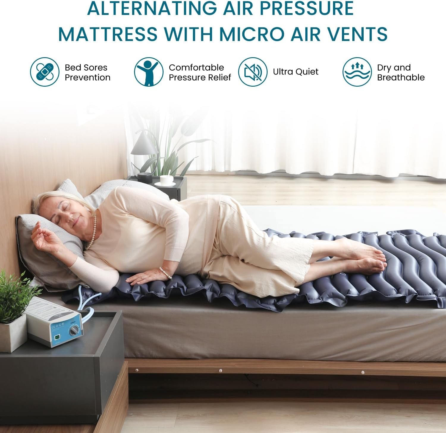 Alternating Air Pressure Mattress Pad with Micro Air Vents for Bedsore Prevention, with Whisper Quiet Pump, Waterproof Pressure Relief Ulcer Cushion Pad for Bed Sores for Hospital Bed Home Bed