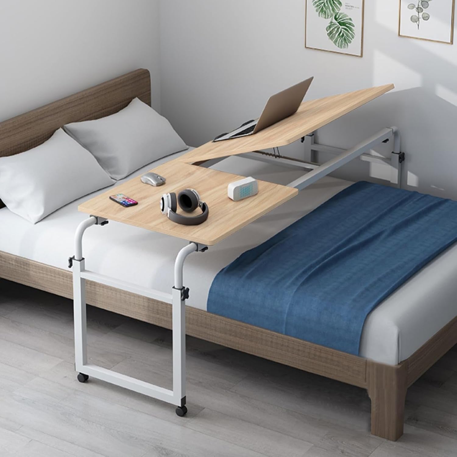 Adjustable Height Overbed Table with Wheels-Versatile over the Bed Desk for Eating, Working or Reading,Mobile Computer Table and Bed Table,Wood Color