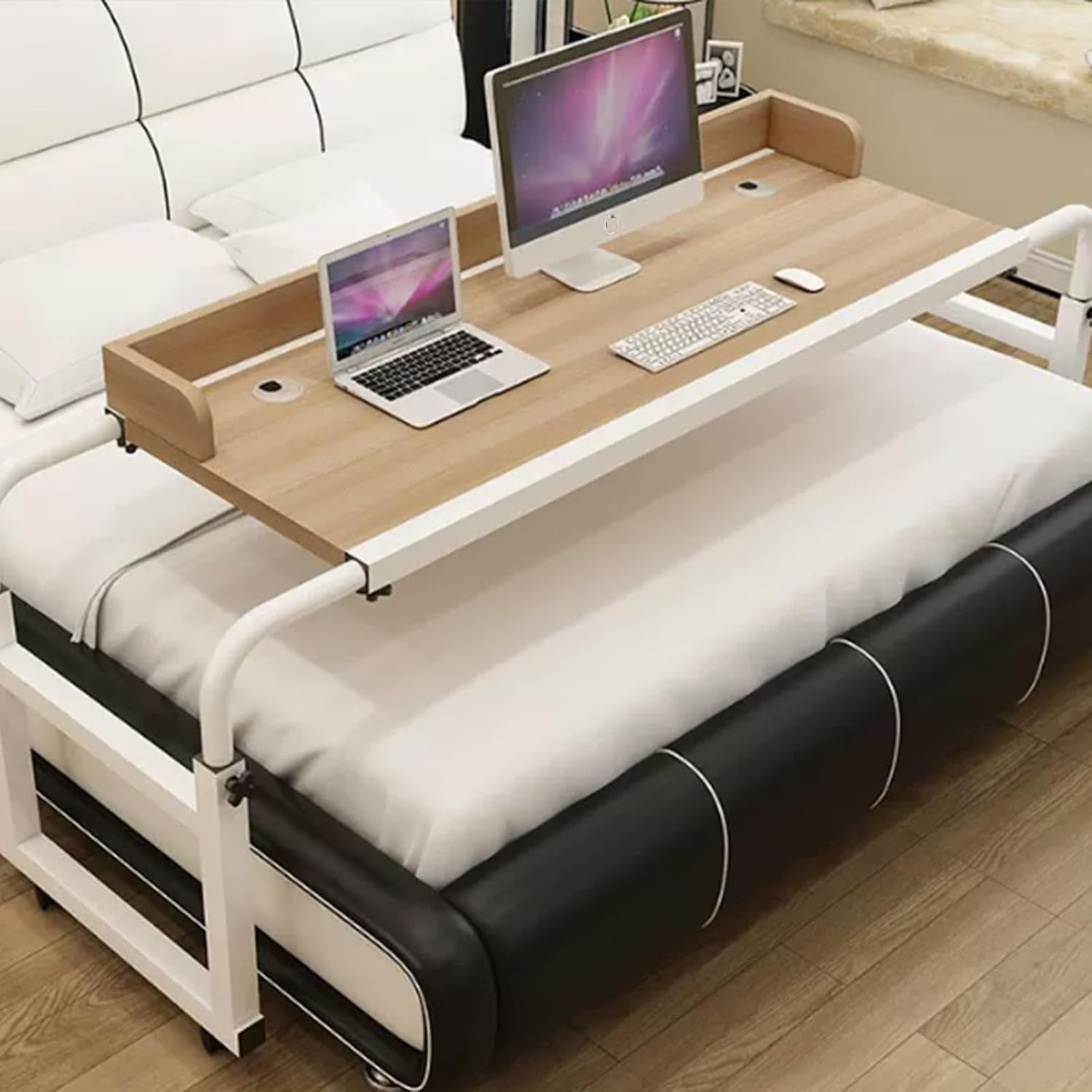 Adjustable Height Rolling Bed Table Tray Overbed Desk with Wheels for Laptop and Writing - Rolling Tray Bed Table (White 120 * 53Cm/47 * 21In)