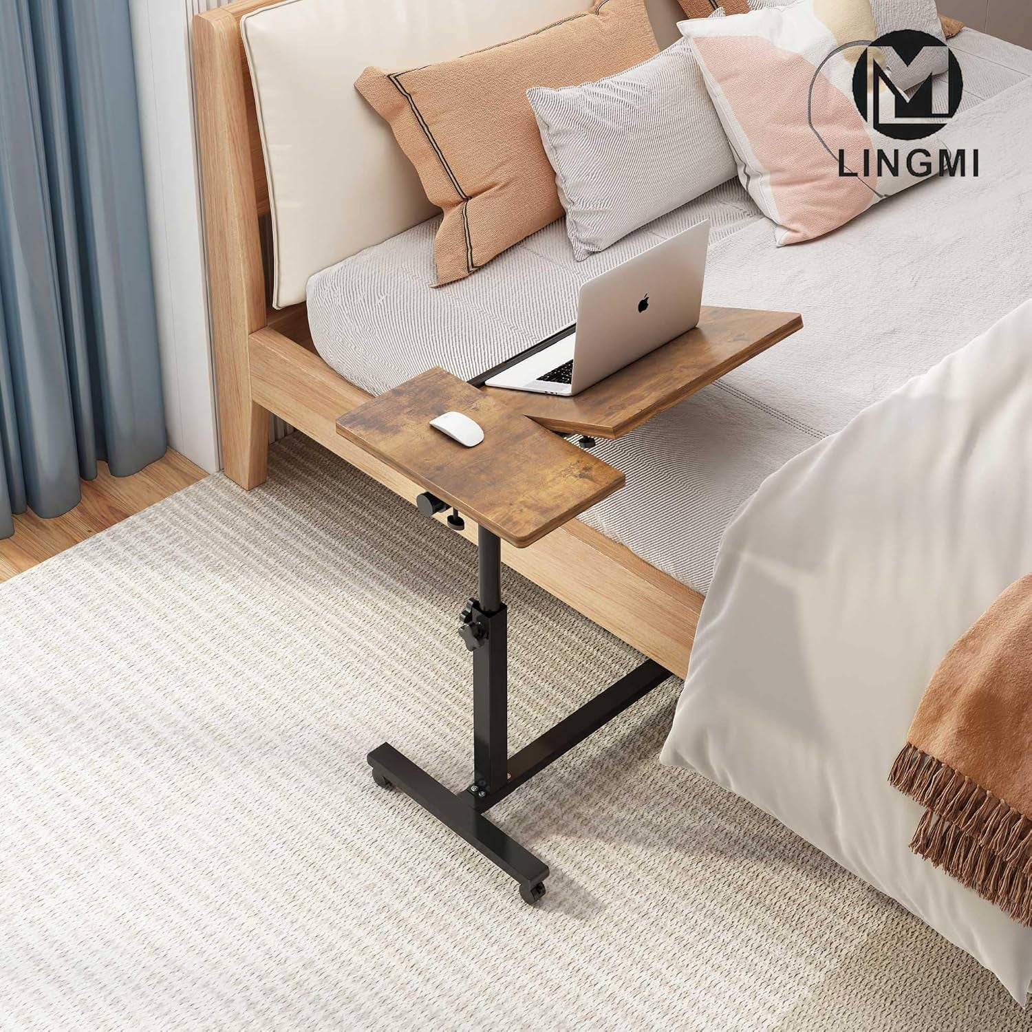 Overbed Bedside Desk Mobile Rolling Laptop Stand Tilting Overbed Table with Wheels Height Adjustable Tray Table for Laptop Bed Sofa Side Table