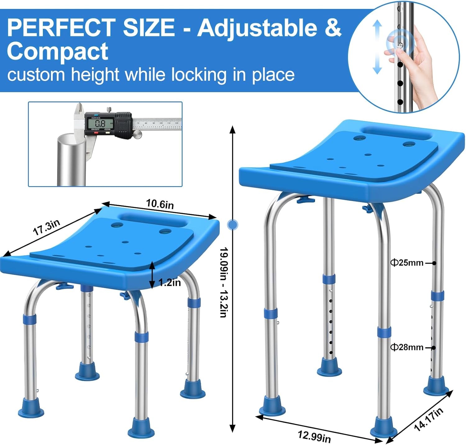 FSA/HSA Eligible Upgraded Heavy Duty Stainless Steel Shower Chair Seat, 400Lbs Adjustable Shower Stool W/Assist Grab Bar/Padded,Blue Bath Seat Chair,Tool-Free Shower Seat for inside Bathtub by