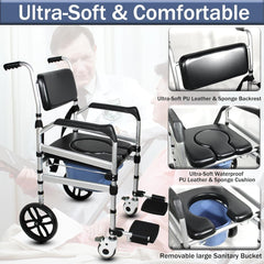 Folding Commode with Wheels - Padded Shower Chair