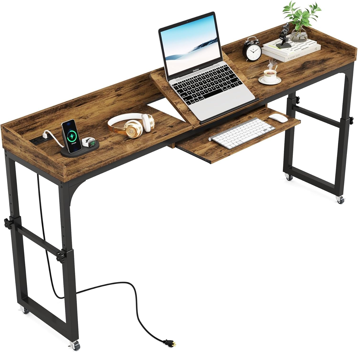 Overbed Table with Wheels Adjustable Height, Portable Rolling Table with Outlets & USB Ports for Queen Bed, Giant Computer Desk with Tilt Stand