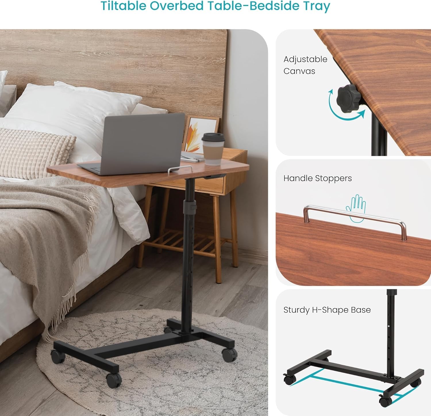 Overbed Bedside Table with Wheels, Height Adjustable for Laptop, Reading, and Eating