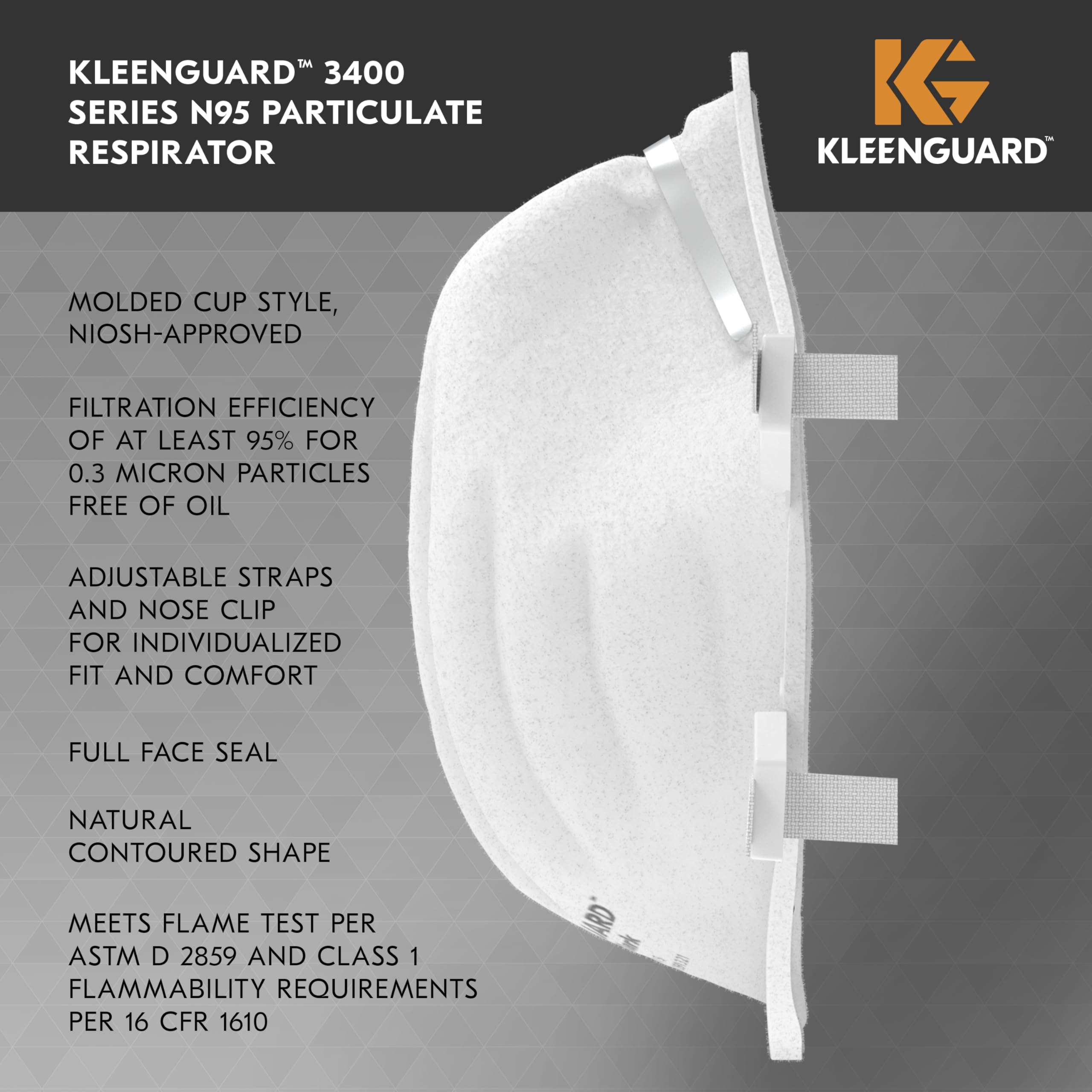 Kleenguard™ 3400 Series N95 Particulate Respirator (54627), RA3415 Molded Cup Style, NIOSH-Approved, Regular Fit, White (10 Respirators/Box)