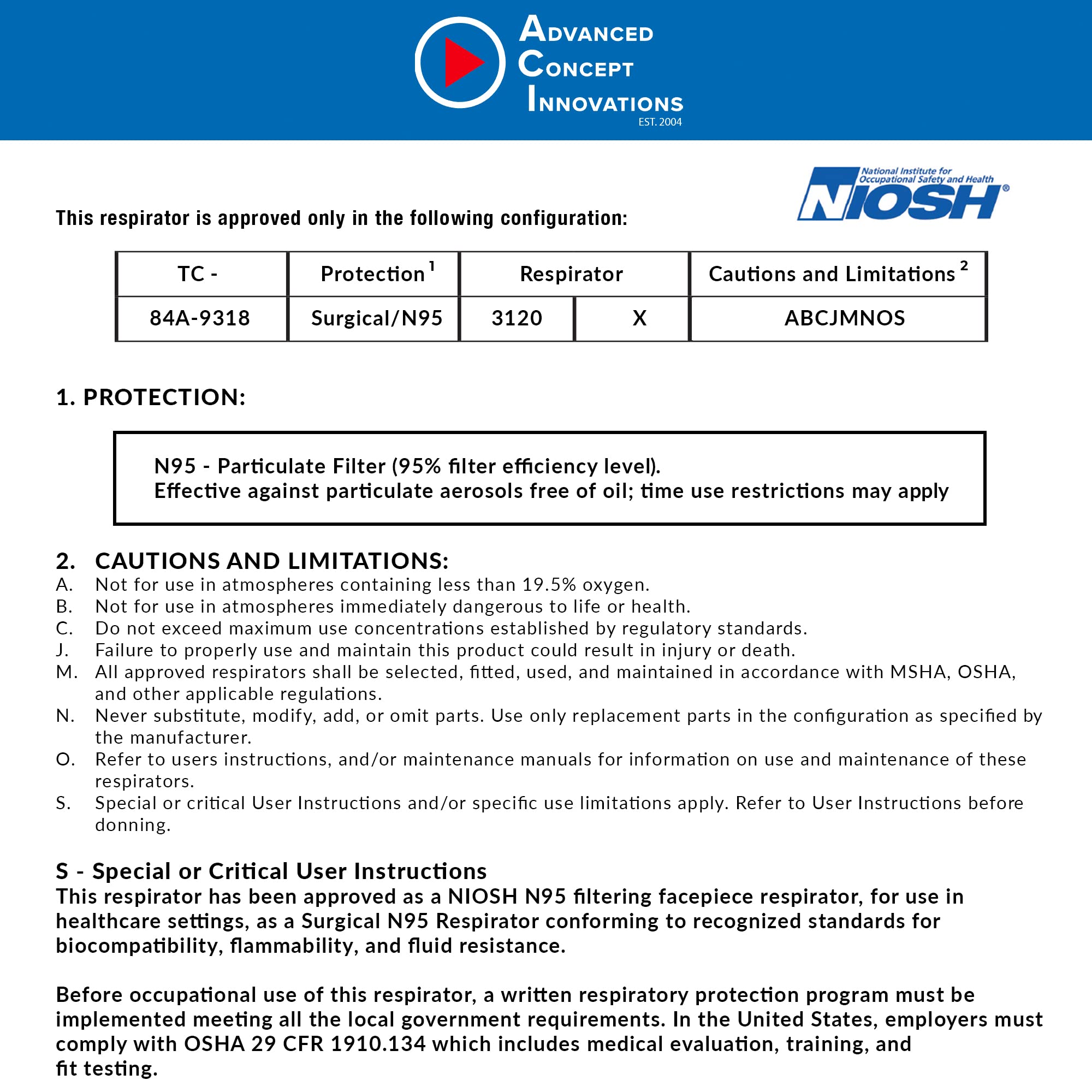 ACI N95 Respirator Box of 50 NIOSH Approved - Made in USA