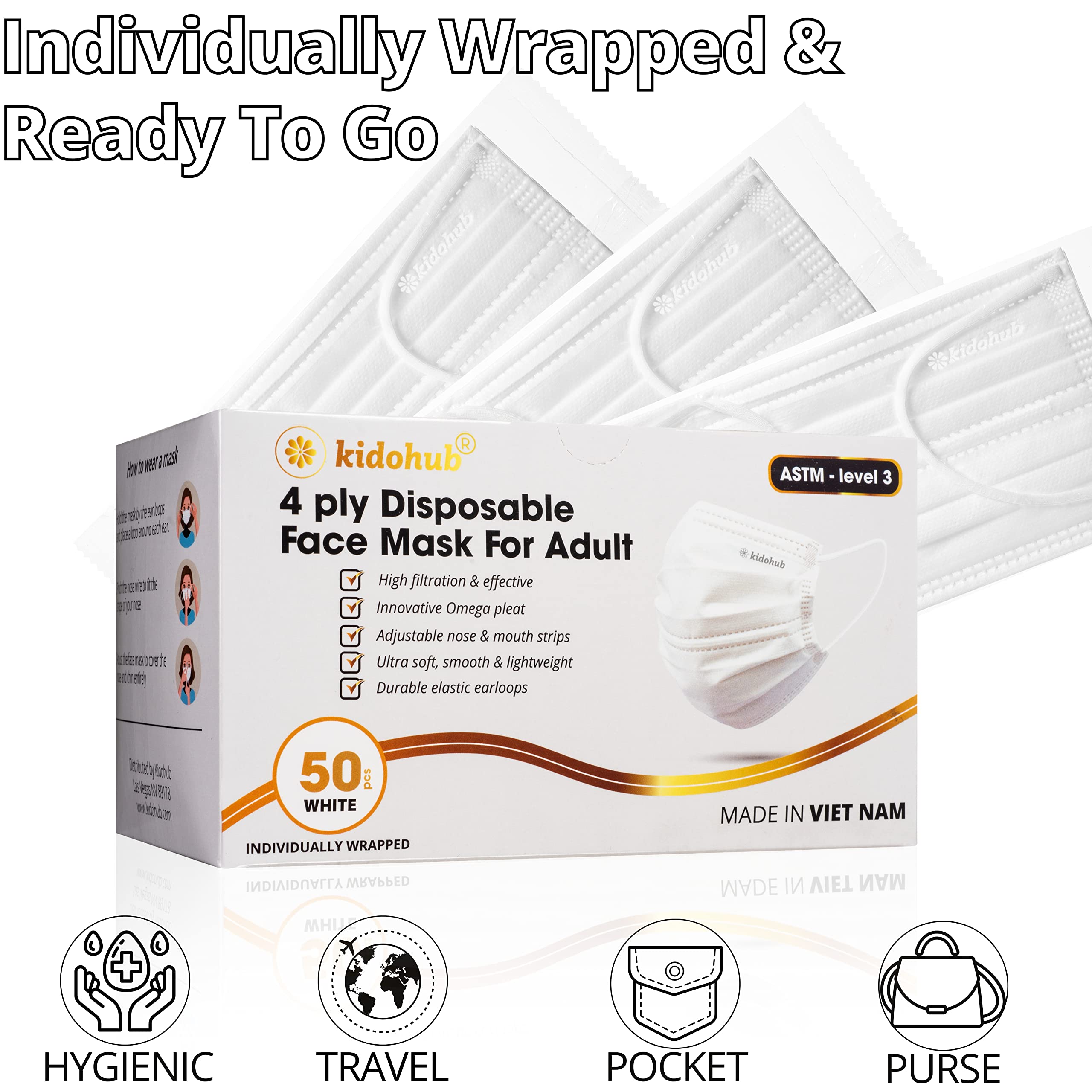 FDA Registered ASTM Level 3, Adult 4 Ply Individually Wrapped Disposable Medical Face Mask