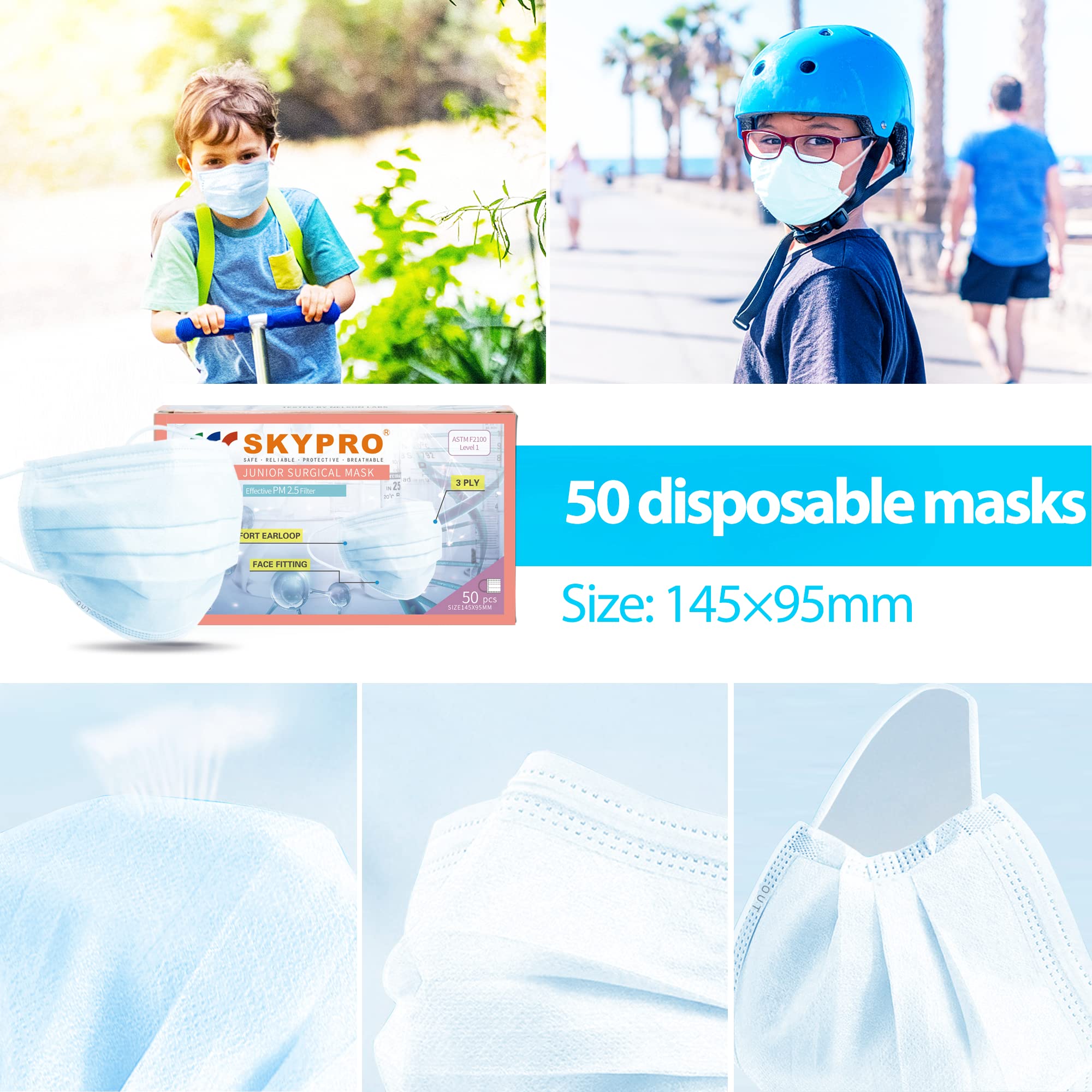 SKYPRO 50PCS Medical Grade ASTM Level 1 Standard 3-Ply Kids White/Blue Disposable Face Mask Protective PPE (20, White)