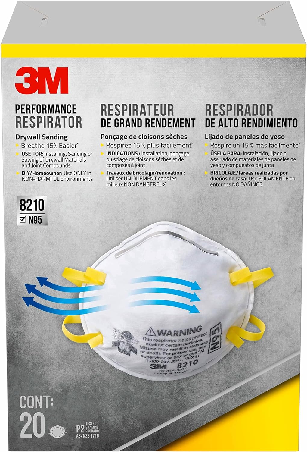 3M N95 Performance Respirator 8210, 20 Pack, Drywall Sanding, NIOSH-APPROVED N95, Advanced Filter Media For Easy Breathing, Cushioning Nose Foam, Adjustable Noseclip, Stretchable Straps (8210D20-DC)