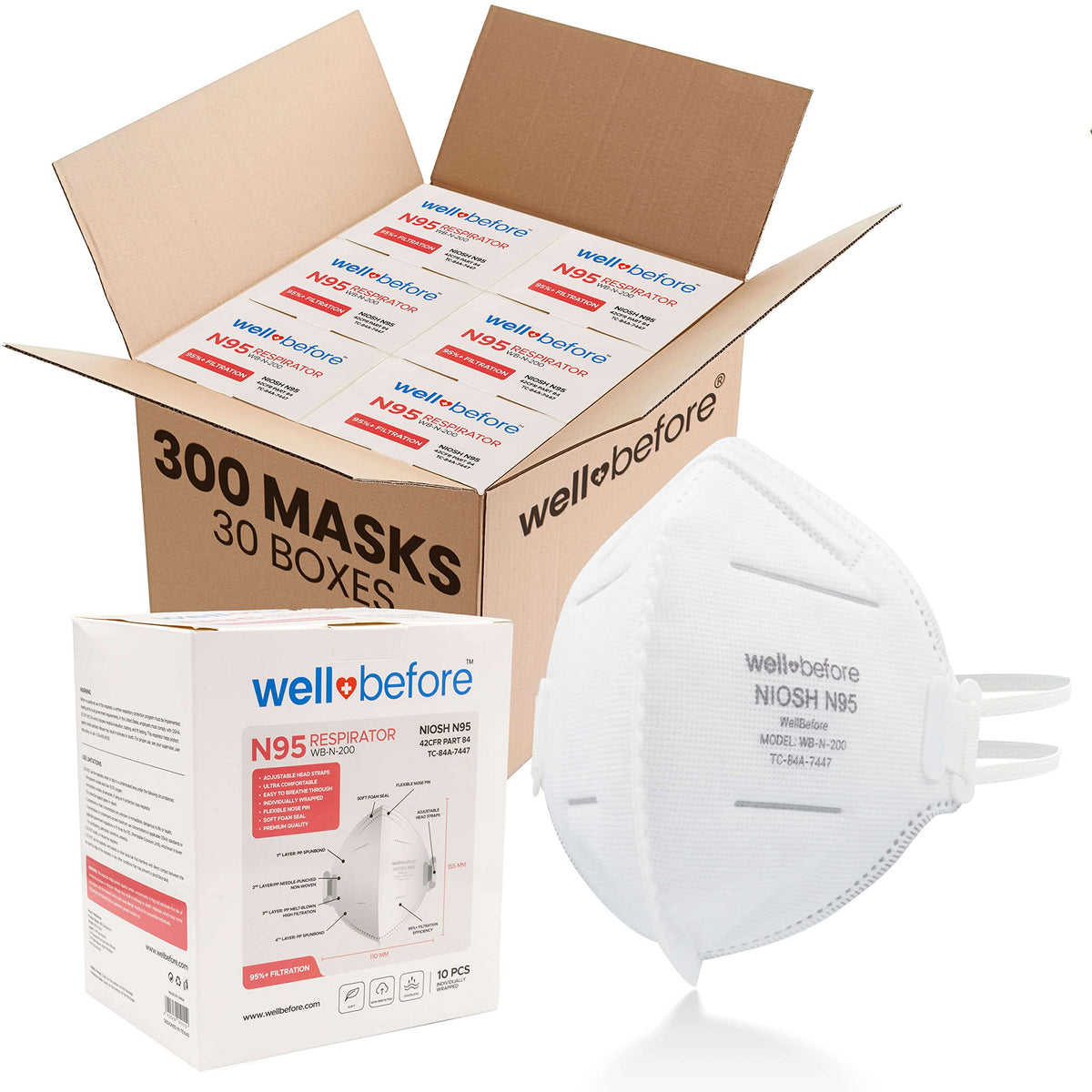 N95 Mask NIOSH Approved - Respirator Face Masks Individually Wrapped N95 Masks - Pack Of 10, White