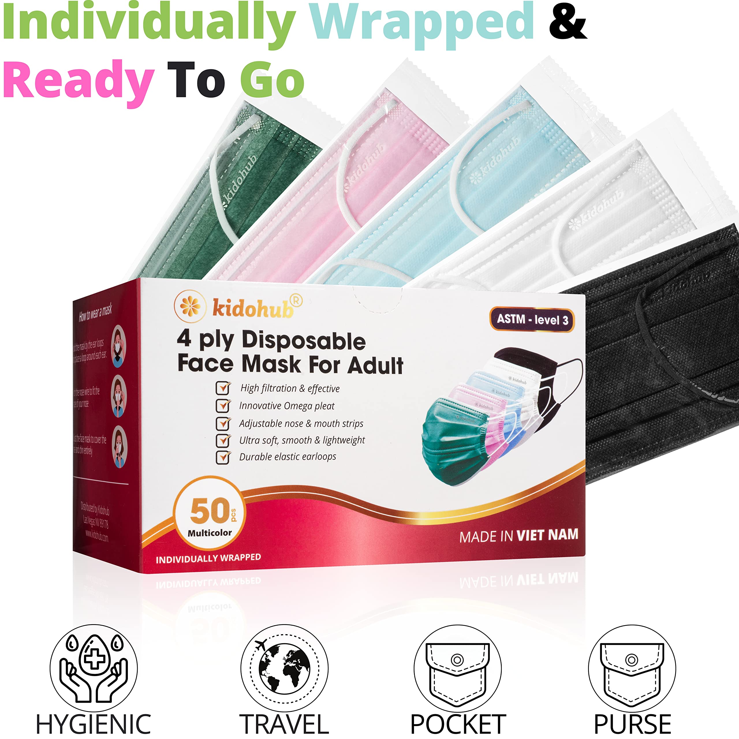 FDA Registered ASTM Level 3, Adult 4 Ply Individually Wrapped Disposable Medical Face Mask