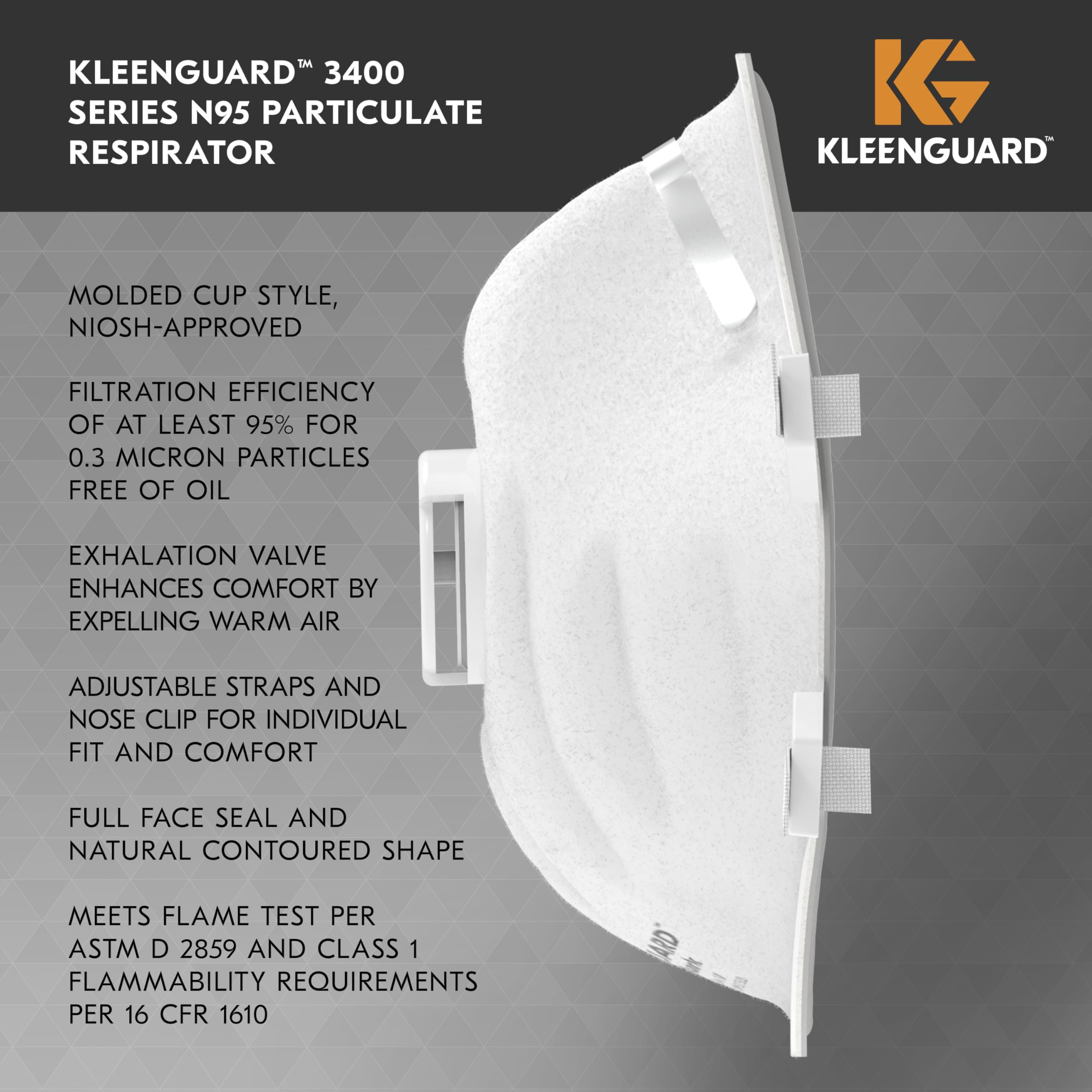 Kleenguard™ 3400 Series N95 Particulate Respirator (54627), RA3415 Molded Cup Style, NIOSH-Approved, Regular Fit, White (10 Respirators/Box)