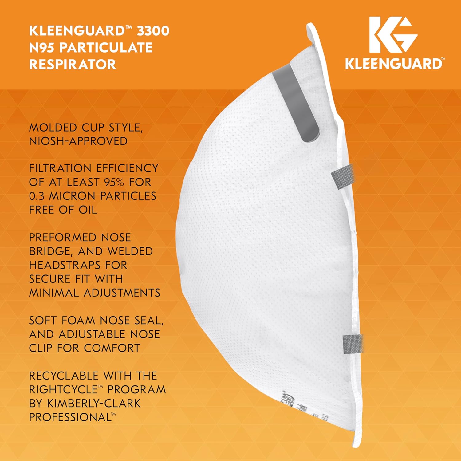 Kleenguard™ 3300 Series N95 Particulate Respirator (54625), RA3315 Molded Cup Style, NIOSH-Approved, Regular Fit, White (20 Respirators/Box)